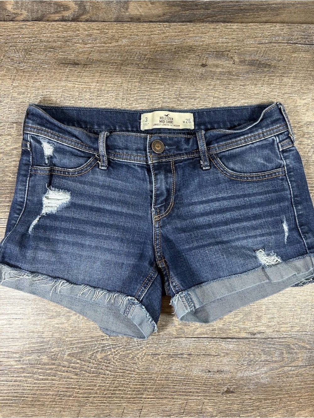 Hollister Midi Shorts Distressed Low Rise Blue Denim Jean Womens 3/W26